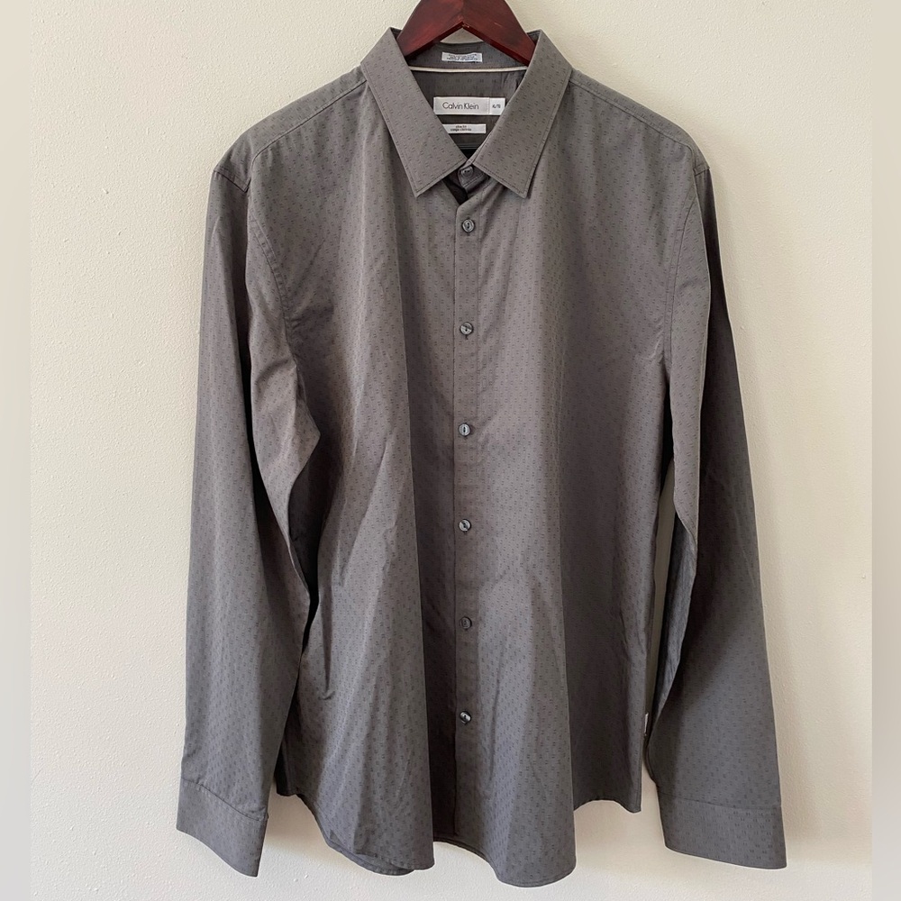 Calvin Klein Men’s Dress Shirt XL Slim Fit Gray Pattern Print Gray 100% Cotton
